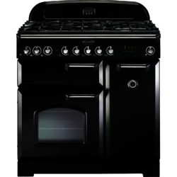 Rangemaster Classic Deluxe 90cm Dual Fuel 80950 Range Cooker in Black with Brass Trim and FSD Hob